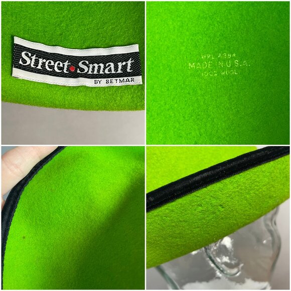 Vintage Felt Wool Hat Women Bright Green Black Velvet Brim Halloween Costume - Picture 5 of 14